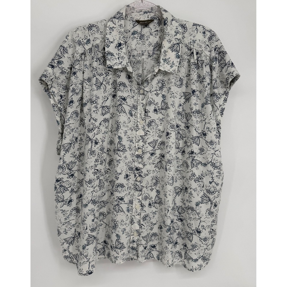 Eddie Bauer Womens Floral Button Up Blouse White Navy Blue Short Sleeve Sz 2XL